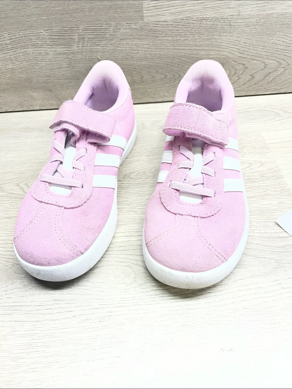 adidas Kids Pink Suede Velcro Strap Sneakers with White Stripes #1070